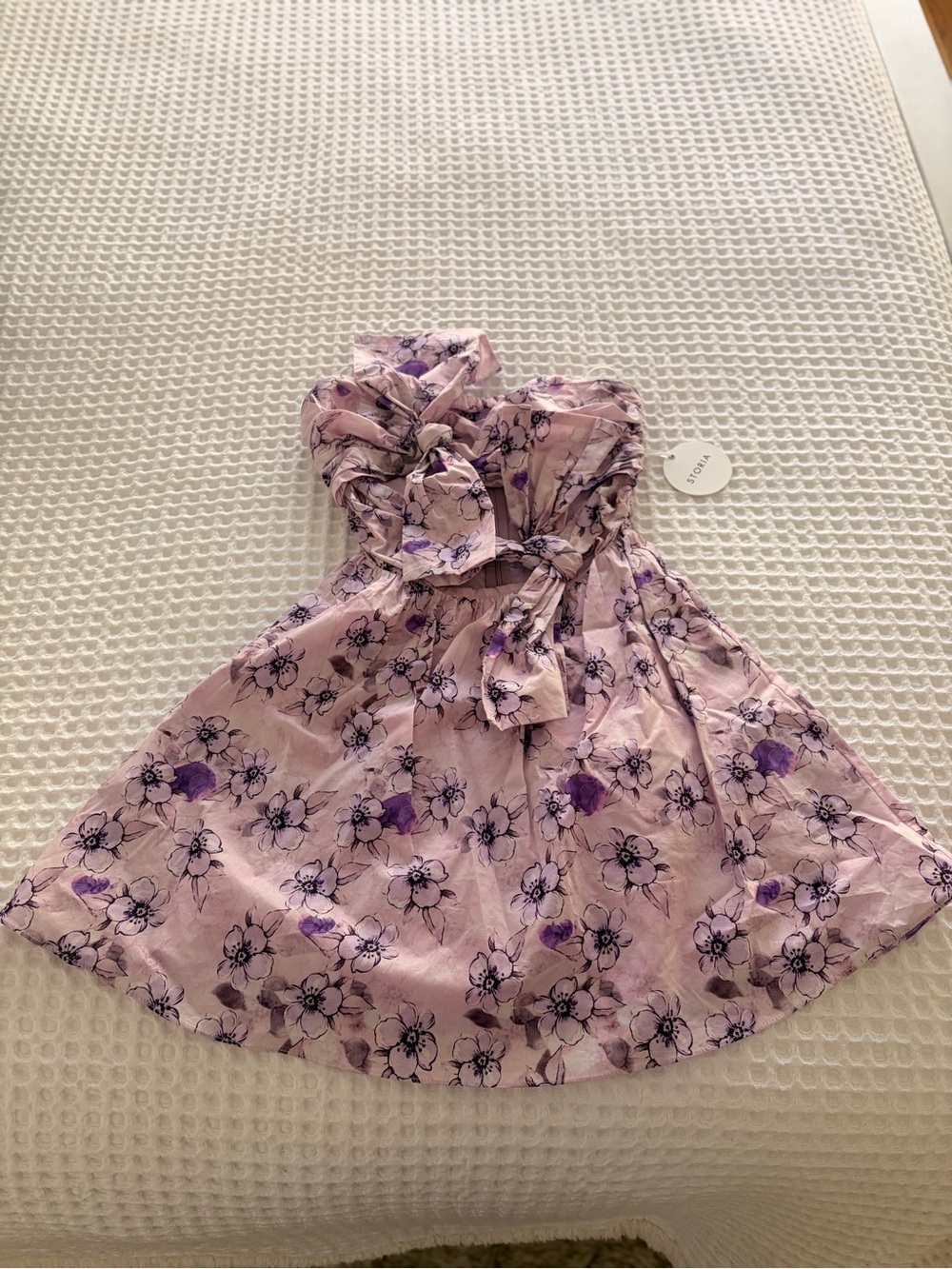 Storia Lavender Floral Strapless Dress with Waist Tie